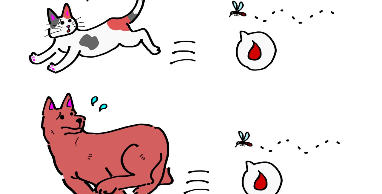 Cartoon of a cat and dog running away from a mosquito